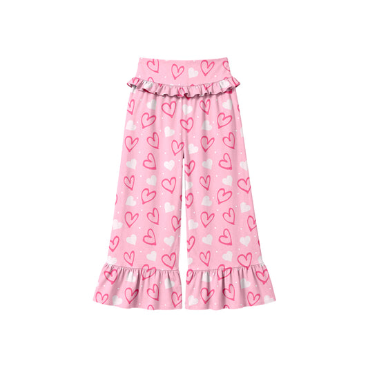 Preorder (moq 5) Baby Girl Clothes Pink White Heart Dot Mixed Print Long Waist Ruffle Bell Bottom Pants