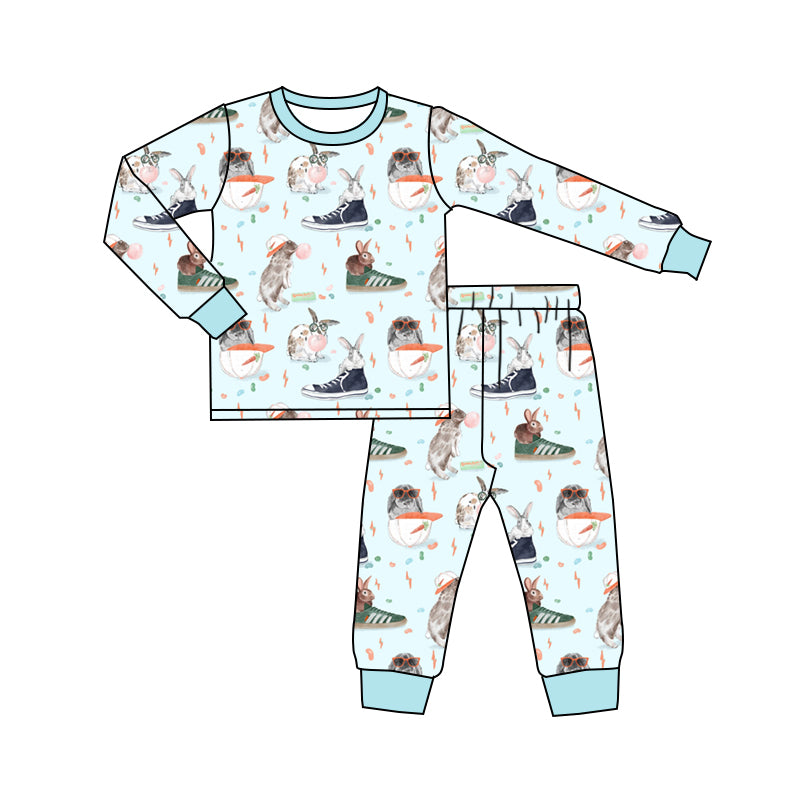 Preorder (moq 5) Baby Boy Clothes Cool Bunny Sneaker Carrot Print Long Sleeve Top Jogger Pant Pajama Set