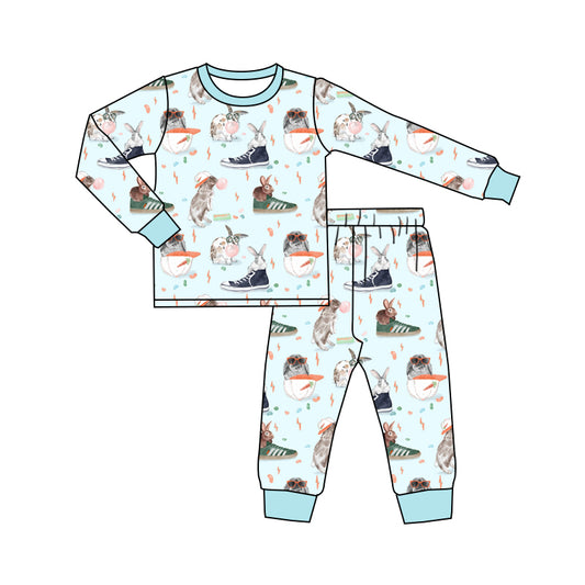 Preorder (moq 5) Baby Boy Clothes Cool Bunny Sneaker Carrot Print Long Sleeve Top Jogger Pant Pajama Set