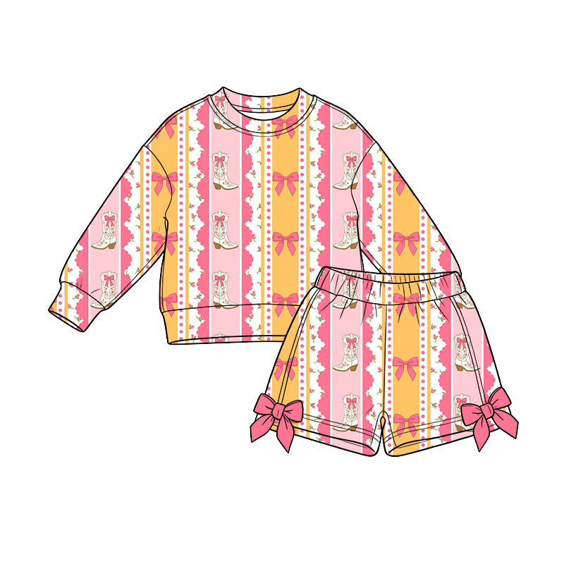 Preorder (moq 5) Baby Girl Clothes Striped Cowboy Boot Bow Print Long Sleeve Top Bow Shorts Outfit Set