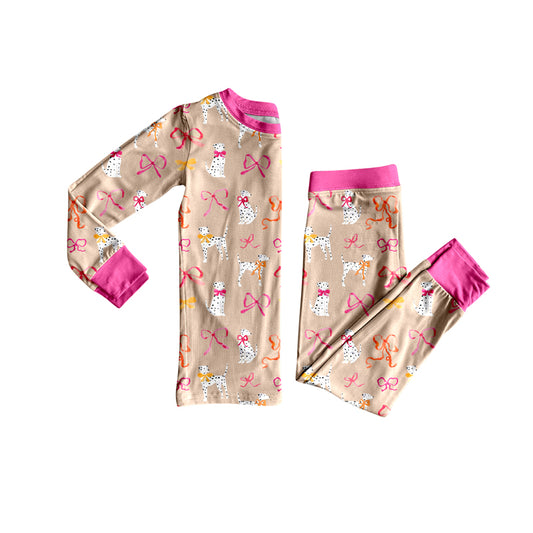 Preorder (moq 5)Baby Girls Long Sleeves Pink Dogs Bows Top Pant Pajamas Set