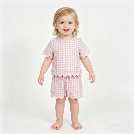 Baby Girls Short Sleeve Light Pink Checked Top Shorts Scallop Clothes Sets