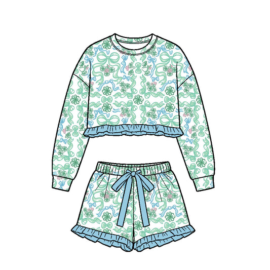 Preorder (moq5) Baby Girls Clovers Bows Long Sleeve Top Ruffle Short St Patrick Clothes Set