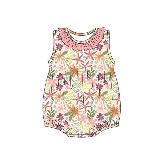 Preorder(moq 5)Baby Infant Girls Sleeveless Pink Floral Round Collar Summer Rompers