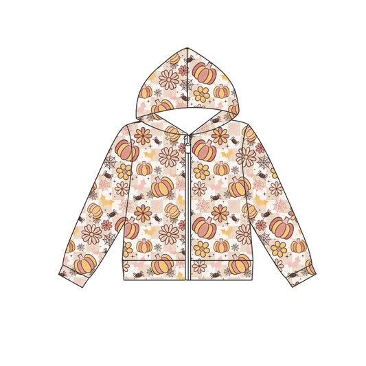 Preorder (moq 5)Baby Girls Flowers Pumpkins Spiders Halloween Zip Hoodie Jackets