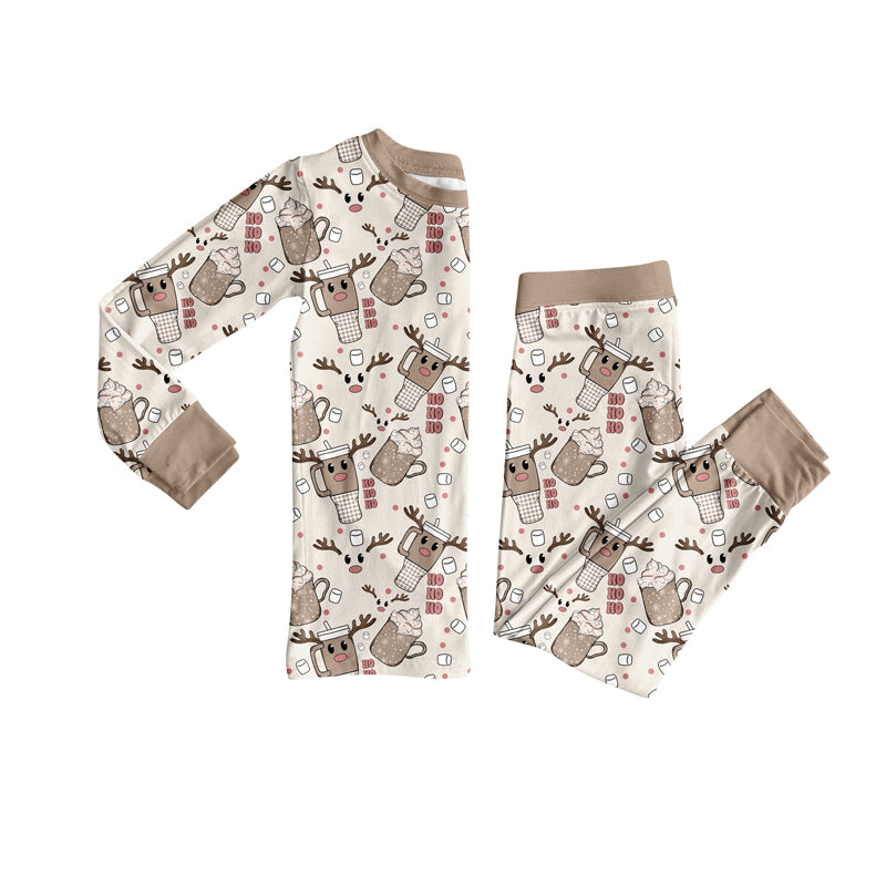 Preorder(moq 5) Baby Girls Long Sleeves Khaki Deer Cups Plaid Top Pants Pajamas Set