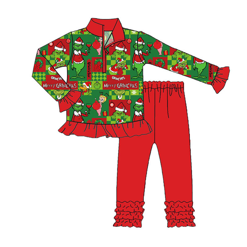 Preorder (moq 5)Baby Girls Green Faces Miss Zipper Pullover Ruffle Leggings Christmas Clothes Sets