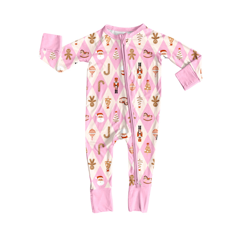 Preorder (moq 5)Baby Girls Long Sleeves Pink Santa Gingerbread Soldiers Plaid Zipper Romper