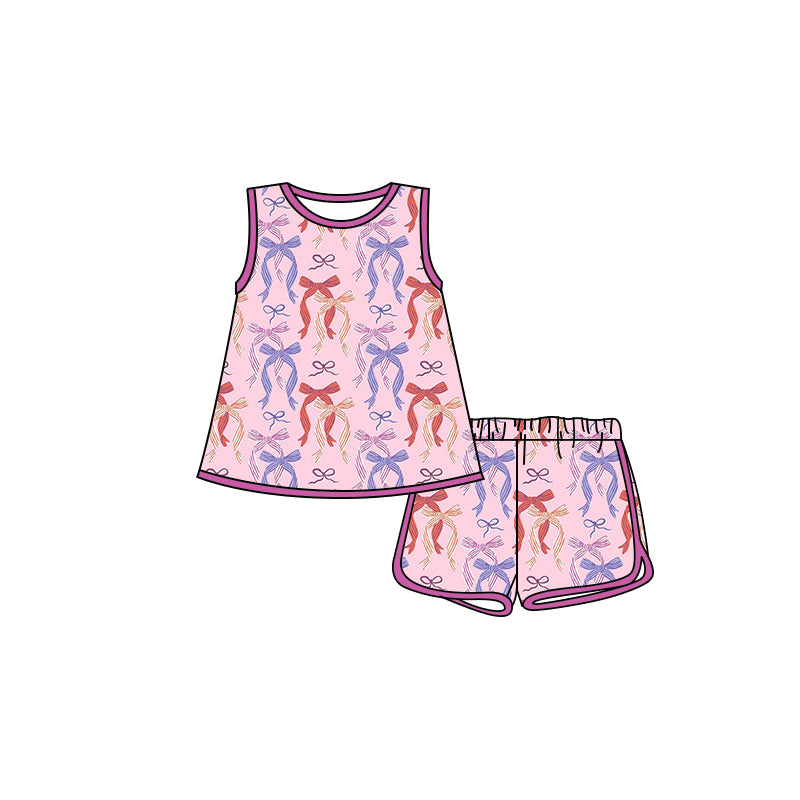 Preorder moq 5 Baby Girls Pink Sleeveless Colorful Bows Tunic Short Set