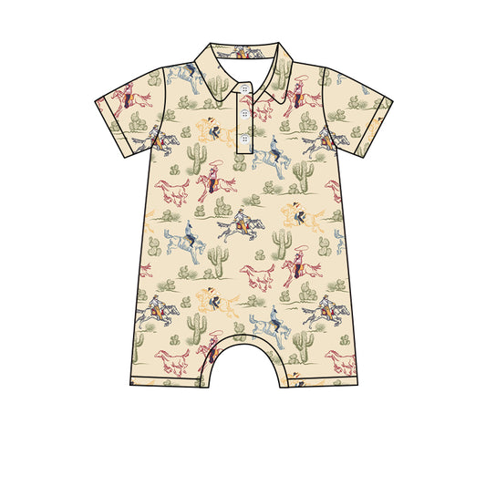 Preorder (moq 5)Baby Boys Khaki Short Sleeves Button Horse Rodeo Cactus Rompers