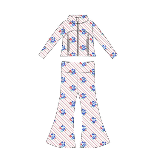 Preorder moq 10 Baby Girls Long Sleeves Red Flowers Stripe Pockets Zipper Top Bell Bottom Pant Set
