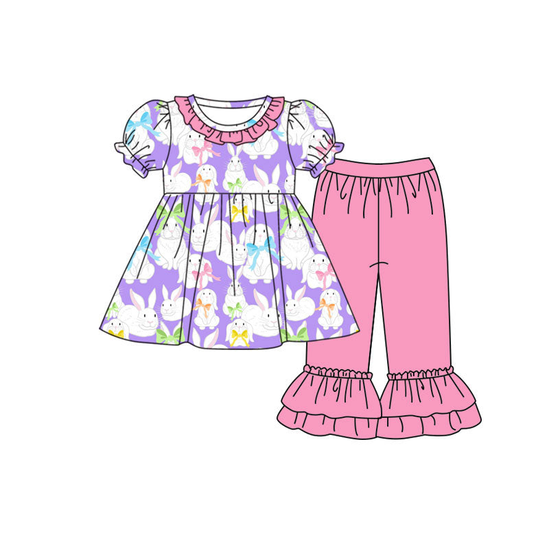 Preorder(moq 8)Baby Girls Colorful Bows Rabbits Tunic Ruffle Pants Easter Clothes Sets