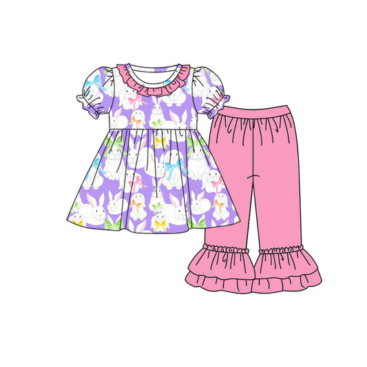 Preorder(moq 8)Baby Girls Colorful Bows Rabbits Tunic Ruffle Pants Easter Clothes Sets