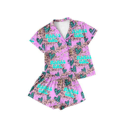 Preorder (moq 5)Baby Girls Hot Pink Short Sleeves Button Pocket MAMA'S GIRL Leopard Hearts Top Short Pajamas Set