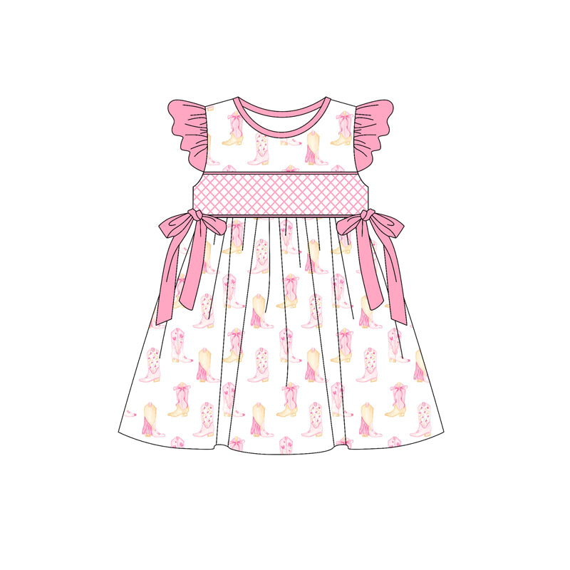 Preorder (moq 5)Baby Girls Pink Flutter Sleeves Bows Boots Knee Length Dresses