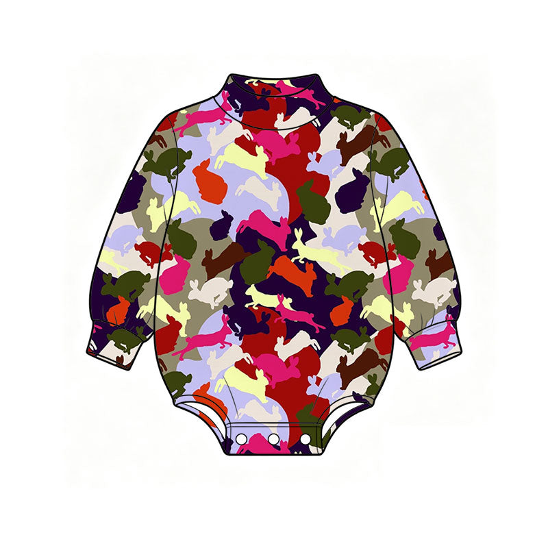 Preorder (moq 5) Baby Boy Clothes Easter Multi Color Camo Bunny Silhouette Mixed Print Long Sleeve Mock Neck Bubble Romper