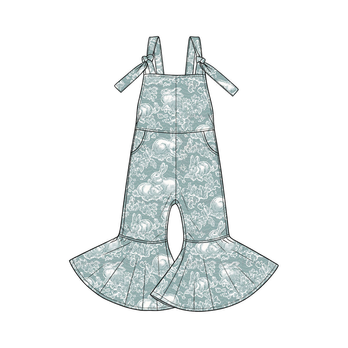 Pre-order(moq5)  |  Girls’ Fall Gray, Lake Green & Cream Floral Sketch Print Overalls | Girls’ Sisters’ Matching Set