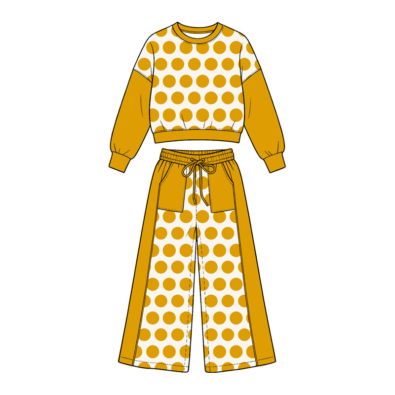 Preorder (moq5) Girl Clothes Mustard Big Polka Dot Color Block Crop Sweatshirt Wide Leg Pants Set