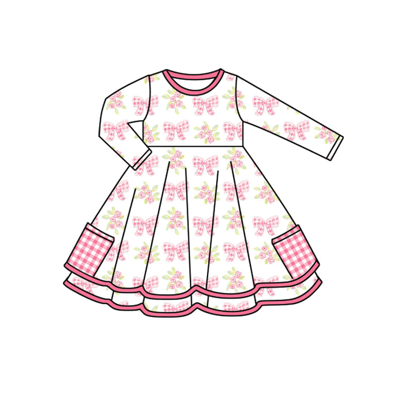 Preorder (moq 5)Baby Girls Long Sleeves Pink Plaid Bows Flowers Pockets Knee Length Dresses