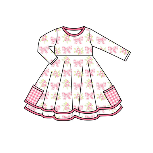 Preorder (moq 5)Baby Girls Long Sleeves Pink Plaid Bows Flowers Pockets Knee Length Dresses