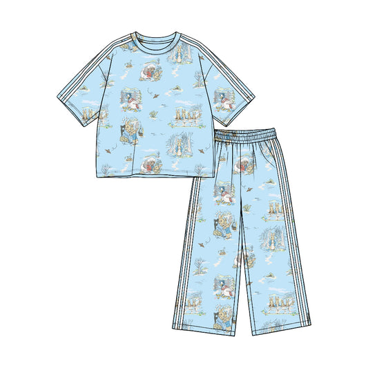 Preorder (moq 5)Baby Girls Cartoon Rabbits Top Pockets Flare Pant Clothes Set