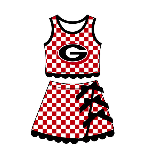 Preorder moq 5 Baby Girls Red Checked Georgia Top Bows Skirt Short Scallop Clothes Set