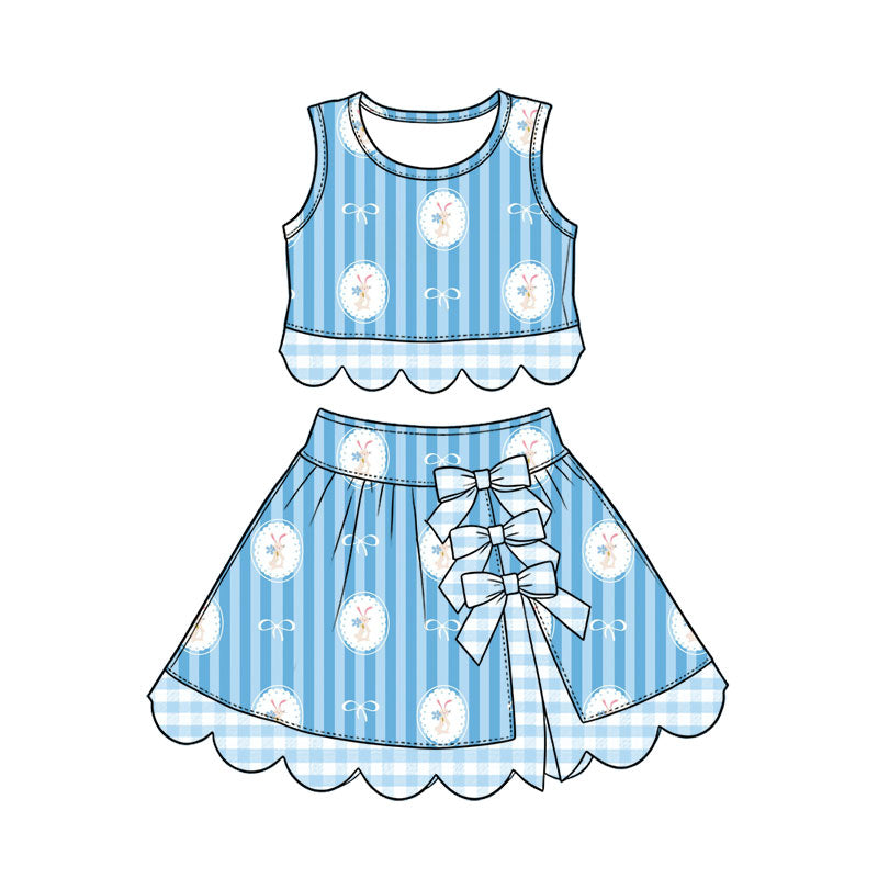 Preorder (moq 5) Baby Girl Clothes Easter Bunny Circle Bow Blue Stripe Print Sleeveless Crop Top Bow Skirt Outfit Set
