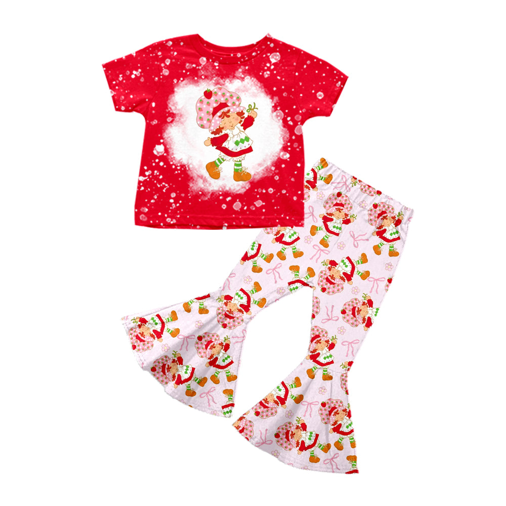 Preorder (moq 5)Baby Girls Red Short Sleeves Strawberry Top Pink Bows Bell Bottom Pant Set