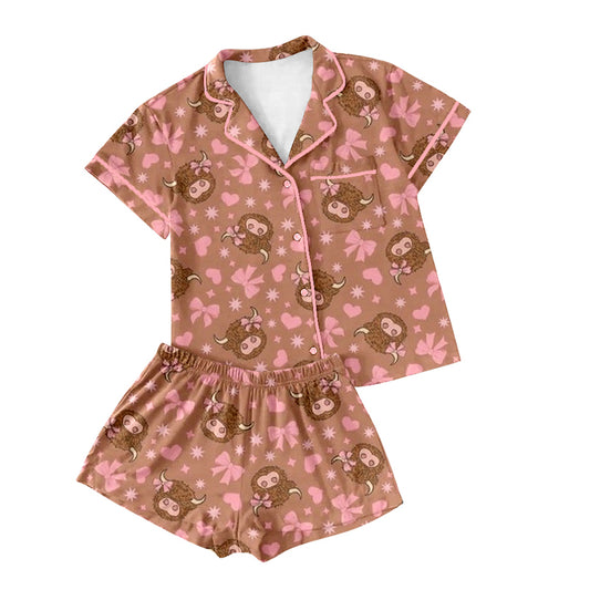 Preorder(moq 5)Adult Women Brown Highland Cows Bows Buttons Pocket Tee Shirts Shorts Pajamas Sets