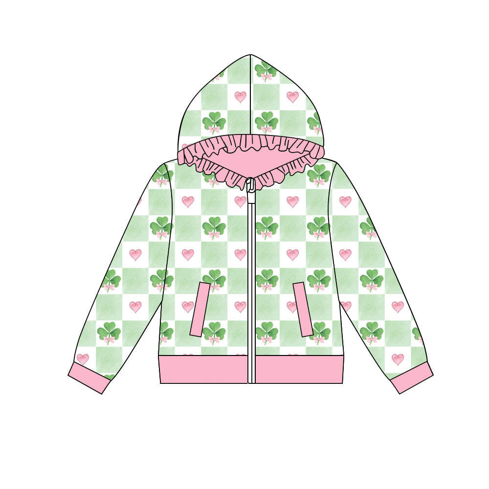 Preorder (moq 5) Baby Girl Clothes Clover Heart Checker Print Long Sleeve Ruffle Zip Hooded Jacket