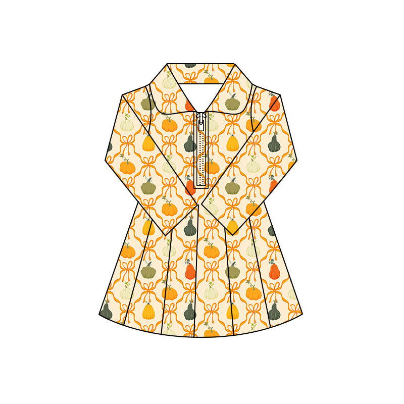 Preorder (moq 5)Baby Girls Bows Pumpkins Zip Pleated Skirt Short Fall Knee Length Dresses