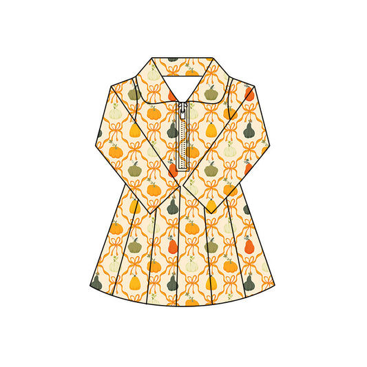 Preorder (moq 5)Baby Girls Bows Pumpkins Zip Pleated Skirt Short Fall Knee Length Dresses