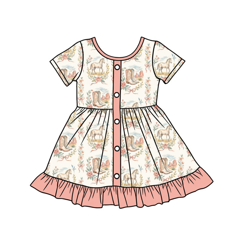 Preorder (moq 5)Baby Girls Pink Boots Horses Western Button Ruffle Knee Length Dresses