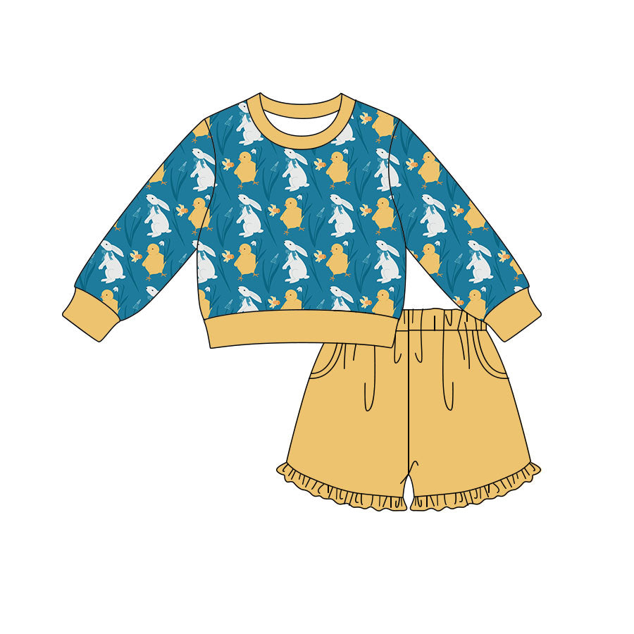 Preorder (moq 5) Baby Girl Clothes Bunny Chick Floral Allover Print Long Sleeve Top Ruffle Shorts Set