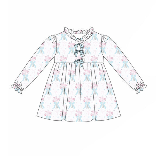 preorder(moq 5) Baby Girls Long Ruffle Sleeves Blue Bows Flowers Plaid Knee Length Dresses