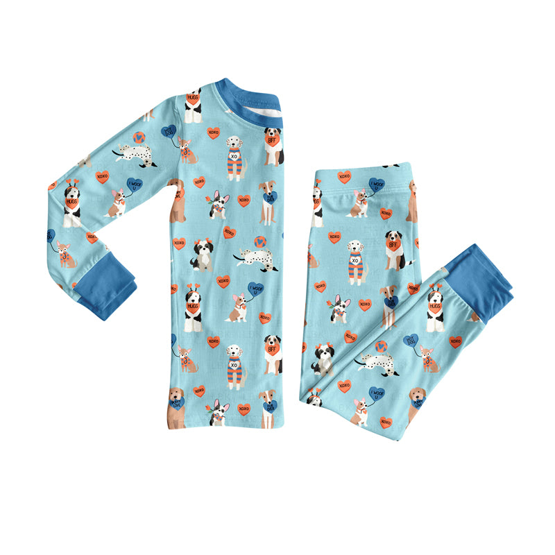 Preorder (moq 5)Baby Boys Blue XOXO Hearts Dogs Top Pants Valentines Pajamas Sets