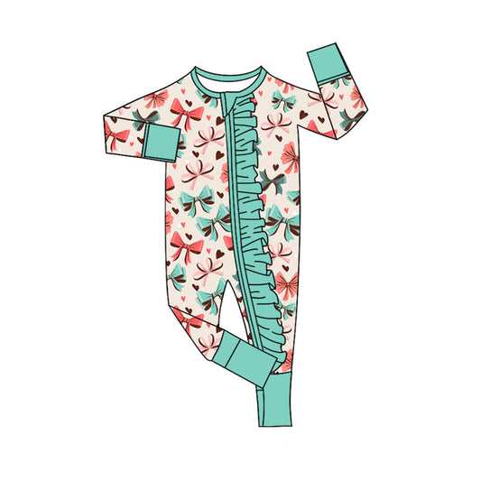 Preorder (moq 8)Baby Girls Colorful Hearts Bows Valentine Ruffle Zipper Footie Rompers