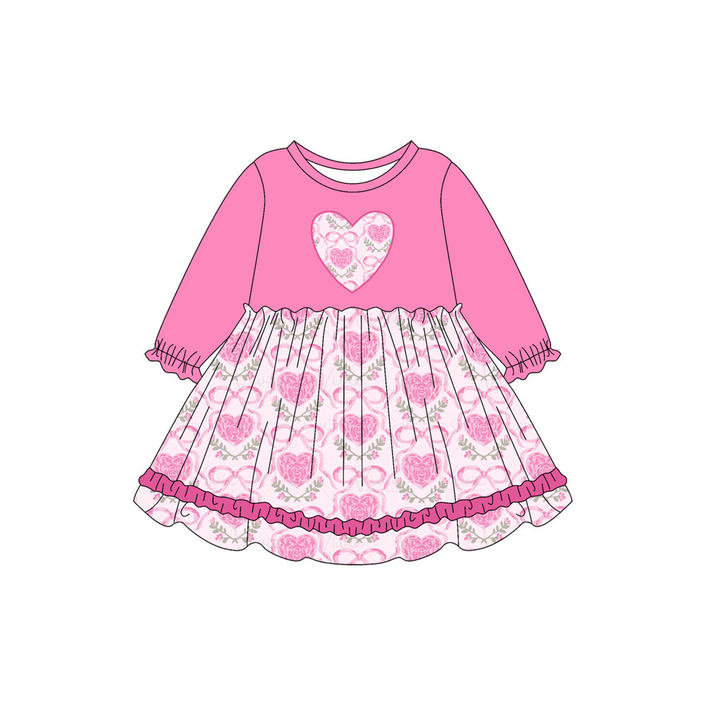 Preorder (moq 5)Baby Girls Pink Long Ruffle Sleeves Bows Flowers Hearts Knee Length Dresses