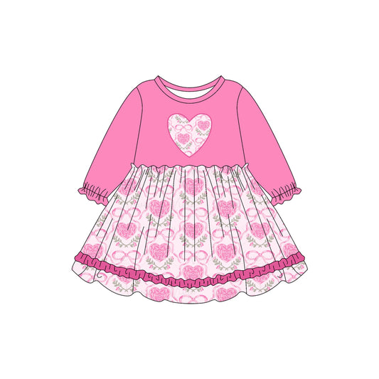 Preorder (moq 5)Baby Girls Pink Long Ruffle Sleeves Bows Flowers Hearts Knee Length Dresses