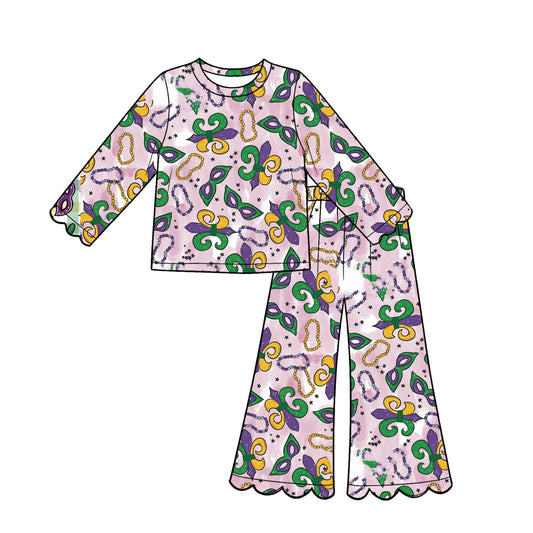 Preorder (moq 5) Baby Girl Clothes Mardi Gras Watercolor Fleur‑de‑lis Bead Print Long‑Sleeve Top Scalloped Flare Pants Set