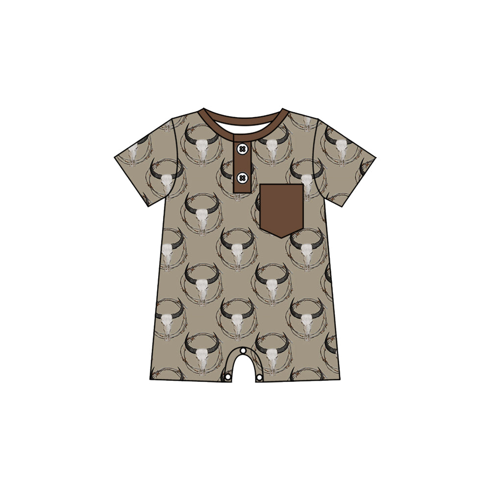 Preorder (moq 5)Baby Boys Bull Skulls Plaid Button Pocket Western Short Rompers