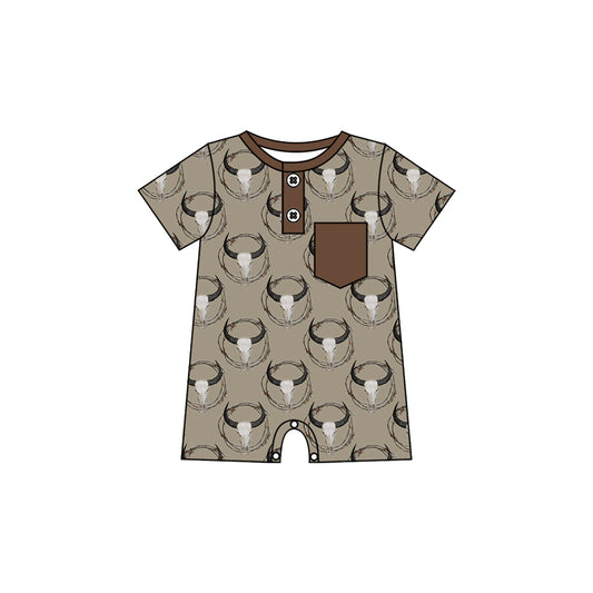 Preorder (moq 5)Baby Boys Bull Skulls Plaid Button Pocket Western Short Rompers