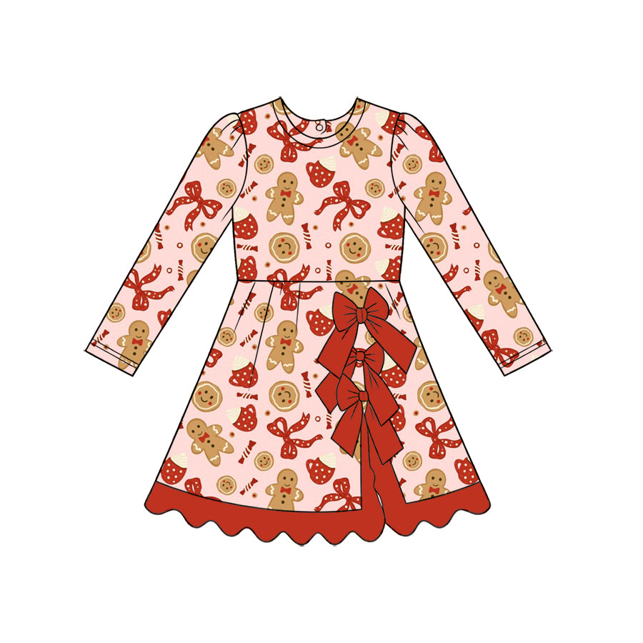Preorder(moq 5) Toddler Girls Christmas Dress O-Neck Santa Gingerbread Print Long Sleeve Kids Party Dress