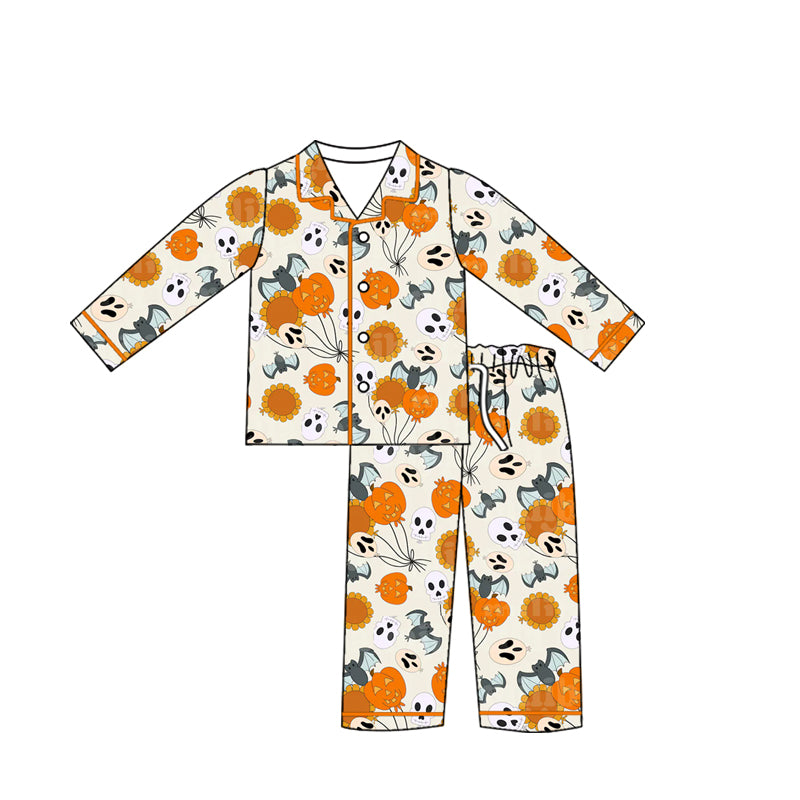Preorder (moq 5)Baby Girls Halloween Pumpkins Bats Buttons Top Pants Pajamas