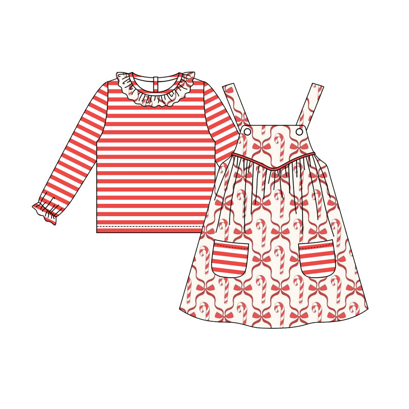Preorder (moq 5)Baby Girls Long Ruffle Sleeves Pink Stripe Top Strap Pockets Dresses 2 Piece Set