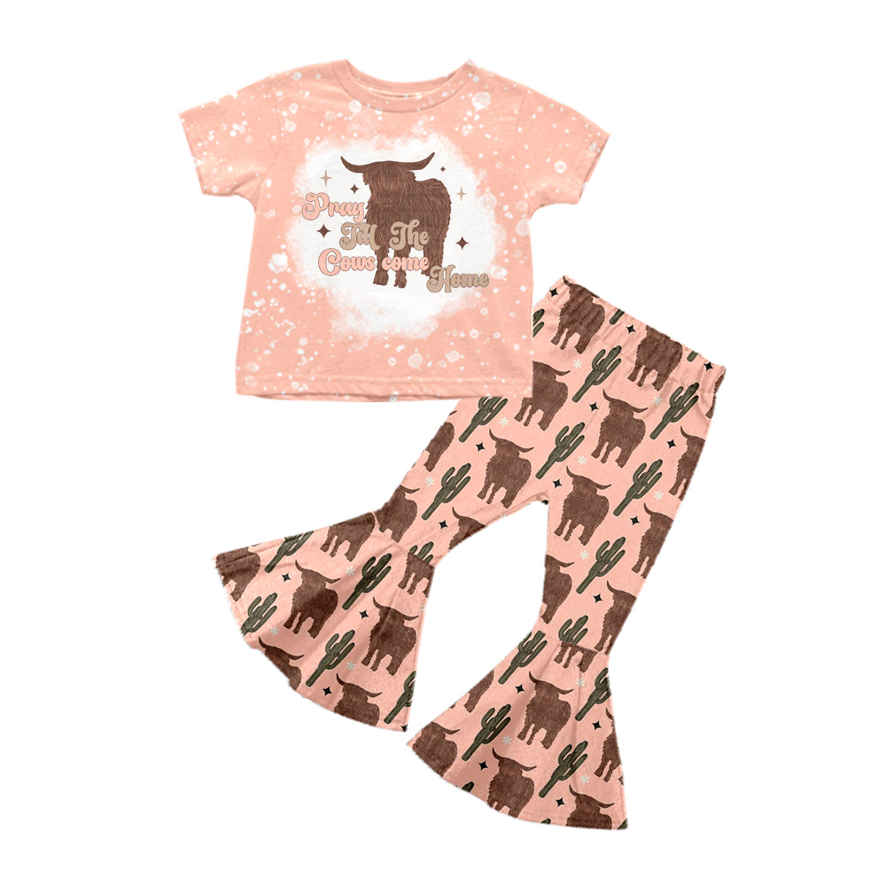 Baby Girls Pink Highland Cow Shirt Top Bell Pants Clothes Sets preorder(moq 5)