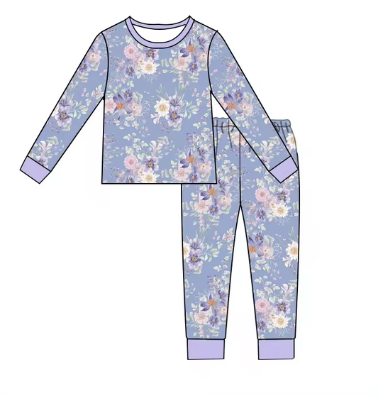 Baby Girls Purple Flowers Long Sleeve Shirt Pants Pajamas Clothes Sets Preorder(moq 5)