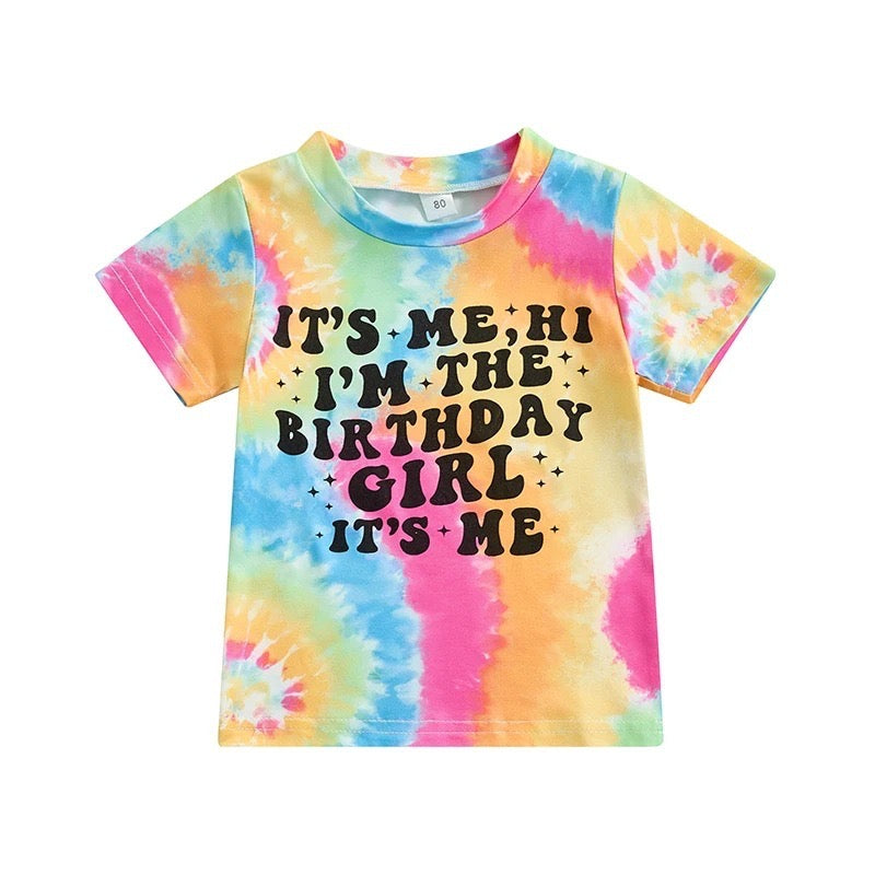 Baby Girls Tie Dye Birthday Girl Singer Short Sleeve Tee Tops Preorder(moq 5)