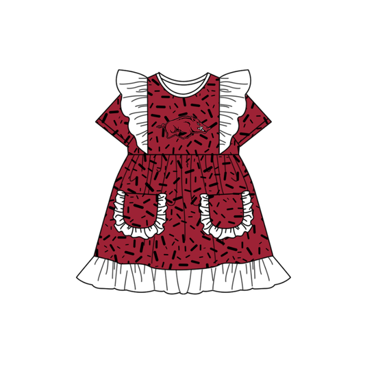Preorder (moq 5)Baby Girls Flutter Short Sleeve Red Sprinkles Bulls Pockets Team Ruffle Knee Length Dresses
