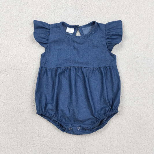 Baby Girls Hot Blue Flutter Sleeve Denim Ruffle Rompers